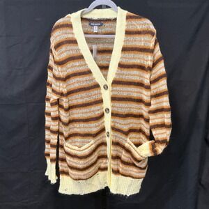 Urban Outfitters Striped Distressed Knit Cardigan Brown Orange Cream Womens M